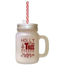 Maroon Holly Star, Christmas Tree Lights Mistletoe Frosted Glass Mason Jar With Straw