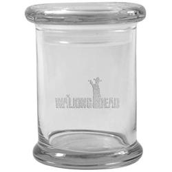 Clear 8 oz Glass Herb Stash Jar and Lid with Walking Dead Rick Logo from Smoke Promos