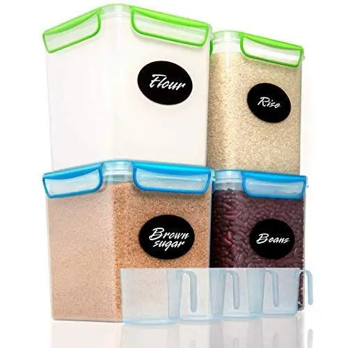 Ensembles de 4 grands contenants de rangement alimentaire étanches pour farine, sucre - 142 onces - Rangement de cuisine en plastique - Boîtes étanches avec couvercles verrouillables - 8 étiquettes, marqueur et 4 tasses à mesurer par GoodCups