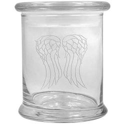 12 oz Clear Glass Herb Stash Jar and Lid with Angel Wings Logo