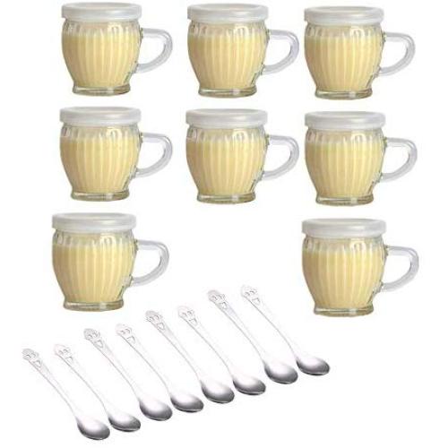 8 pack of 4 oz Wide Mouth Crystal Jelly Cup with Handle Lids(PE) and Spoons,Airtight Clear Glass Pudding Yogurt Jars,For Preserving Food,Each Mini Jar Suitable for Freezer, Microwave and Oven