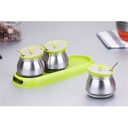 Simonshop 3pcs/set Glass Seasoning Box Kitchen Supplies Jar Set Spice Boxes with Tray and Spoons (green)