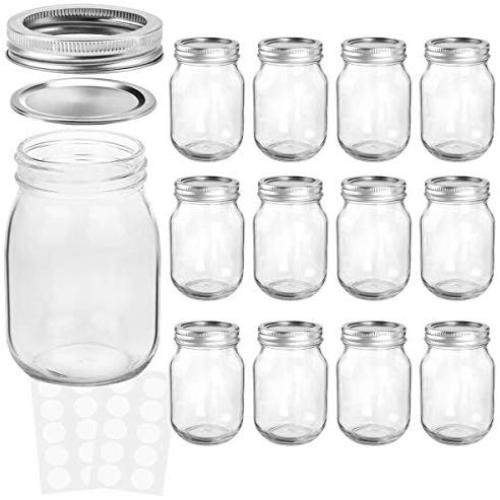 KAMOTA Mason Jars 12 oz With Regular Lids and Bands, Ideal for Jam, Honey, Wedding Favors, Shower Favors, Baby Foods, DIY Magnetic Spice Jars, 12 PACK, 20 Whiteboard Labels Included