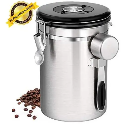 Edelstahndose für Kaffee mit Datumstracker, CO2-Ventil und Messlöffel, 1800 ml / 60 oz