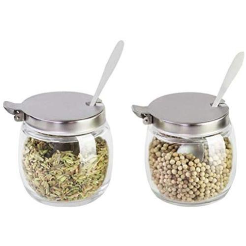 BESTONZON Seasoning box sugar bowl with lid and spoon glass salt pot pepper storage jar - 2pcs