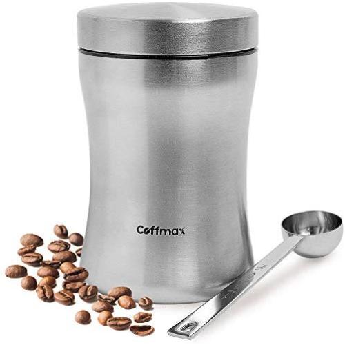 Airtight Coffee Storage Canister Keeper with Free Scoop Spoon and eBook - 12.5 oz Beans or 16 oz Ground Coffee Container Jar Holder - Premium Quality Stainless Steel Vault Tin