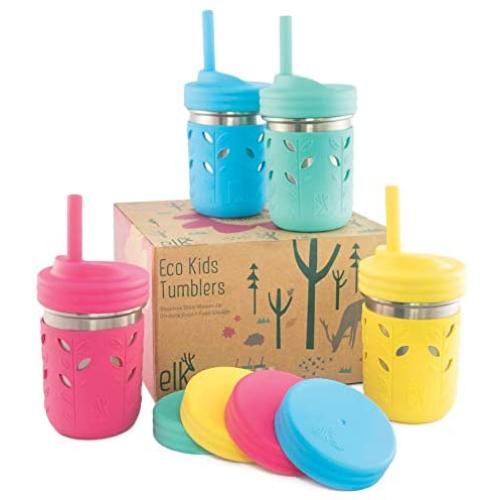 Elk and Friends Stainless Steel Cups | Mason Jar 10oz | Kids & Toddler Cups with Silicone Sleeves & Silicone Straws with Stopper | Sippy cups, Spill proof cups for Kids, Smoothie Cups