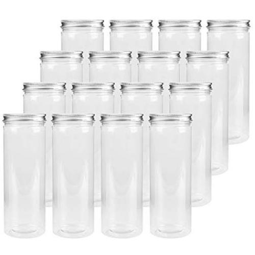 Tebery 16 Pack Plastic Spice Jars Bottles Containers with Lids 17oz Clear Straight Cylinders Plastic Canisters for Food & Home Storage