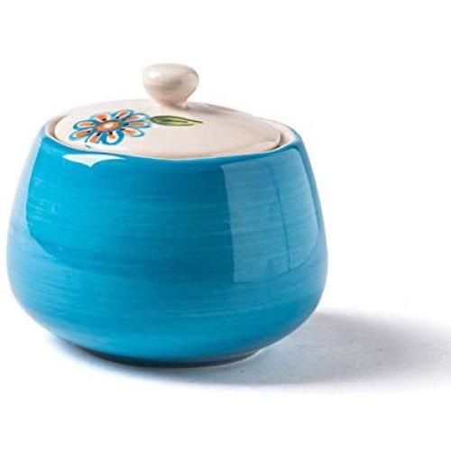 Japanese Retro Floral Handmade Sugar Bowl Lidded Bowl Sugar Dispenser Salt Pepper Storage Jar Pot Sugar Container Seasoning Pot Holder for Home and Kitchen,Blue