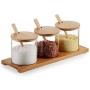 Danmu Glass Condiment Pots Bowls with Bamboo Lids, Spoon & Bamboo Base - Stylish Design Glass Storage Jar for Spices, Salt, Pepper, Coffee, Sugar, Seasoning, Ice Cream Toppings 300ML