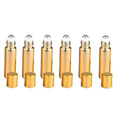 6PCS 5ml/0.17oz Empty Refillable Gold Coating Glass Essential Oil Roller Bottles Sample Packing Vial Cosmetic Jar Container Holder For Perfume Lip Oil Aromatherapy Essential Oil