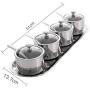 Stainless Steel Condiment Pots Set, 3 with Spoons And A Visual Glass Cover, Spice Preserving Jar Set with Holder, for Kitchen Storage,4jars