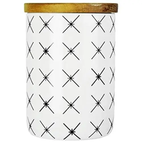 Kitchen Cylinder Food Storage Containers Jars with Airtight Bamboo Lids Small Kitchen Coffee Canisters Ceramic, Decor,Pantry Organization and Storage for Tea Snacks Sugar Spice 900ML White and Black