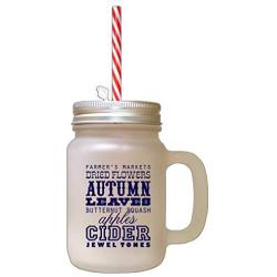 Navy Autumn Leaves Butternut Squash Apples Cinder Frosted Glass Mason Jar With Straw