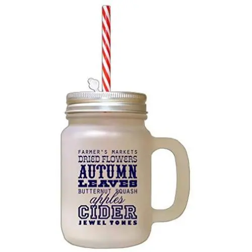 Navy Autumn Leaves Butternut Squash Apples Cinder Frosted Glass Mason Jar With Straw Navy Autumn Leaves Butternut Squash Apples Cinder Frosted Glass Mason Jar With Straw