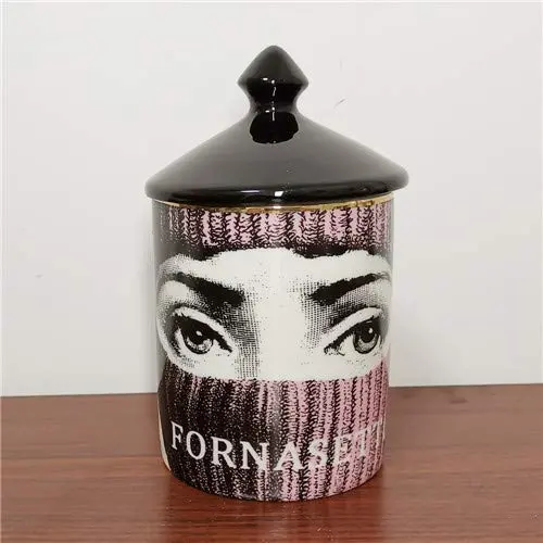 ANH19 jar Candle Holder- Classic Fornasetti Candle Holder with blacklid Ceramic Storage Bin Art Candlestick Holder Retro Handmade Storage Jars Home Decor