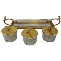 Three Glass Jars with Gold Cover for Sugar/candy and Kitchen use with Tray Turkish made Gold Plated.