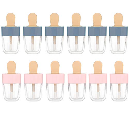 RONRONS Set of 12 Cute Popsicle Shape Empty Lip Gloss Tubes Clear Mini Refillable Lip Balm Bottles with Rubber Inserts (Blue+Pink)