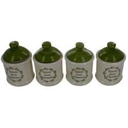 Earthenware Canister Jars, Set of 4, French Vintage Hand Painted Design &quotEpices"