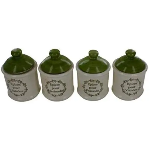 Earthenware Canister Jars, Set of 4, French Vintage Hand Painted Design "Epices" Earthenware Canister Jars, Set of 4, French Vintage Hand Painted Design "Epices"