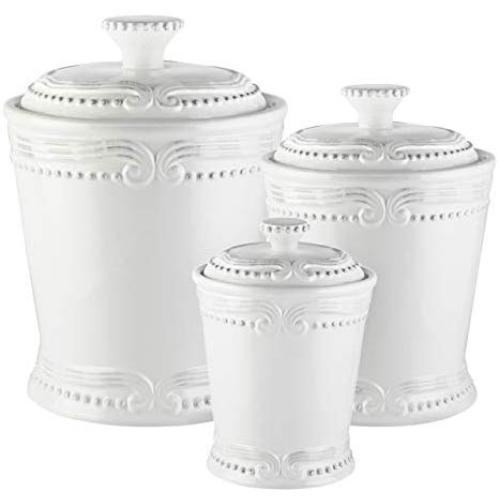 American Atelier Victoria Canister Set 3-Piece Ceramic Jars in 20oz, 50oz & 86oz in Elegant Design w/Airtight Lids for Cookies, Candy, Coffee, Flour, Sugar, Rice, Pasta, Cereal & More, 20, 50, White