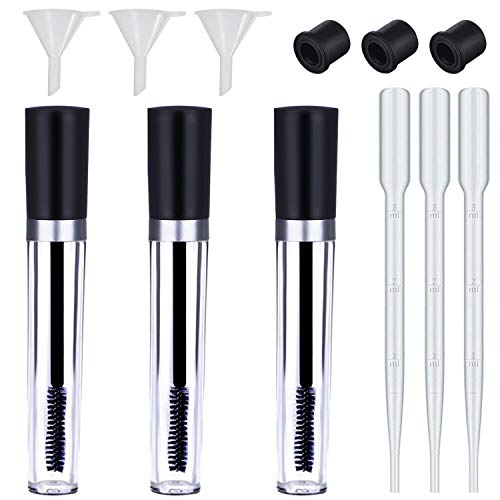 Wonderwin 3 pack 10ml Empty Mascara Tube with Eyelash Wand, Eyelash Cream Container Bottle with Rubber Inserts, Funnels and Transfer Pipettes for Castor Oil, Ideal Kit for DIY Cosmetics (3 Pack)