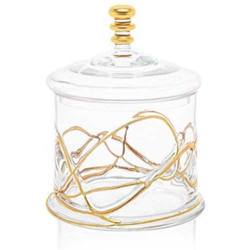Glass Storage Cookie Jar and Glass Lid- 14 karat Gold Design on Jar- 8.5&quotH