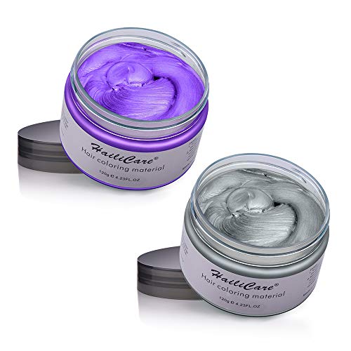 2x120g Instant Hair Dye Wax, Temporary Hair Color Wax Hair Pomades, Hair Styling Coloring Modeling Wax Create Natural Hairstyle for Men Women Kids Party Cosplay Halloween- (Violet & Ash Grey)