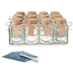 Glass Favor Jars with Cork Lids Square 3.4oz - Mason Jar Wedding Favors Apothecary Jars Bottles with Chalkboard Labels, Chalk Pen, Personalized Tags String [12pc Bulk Set] Spices, Candy