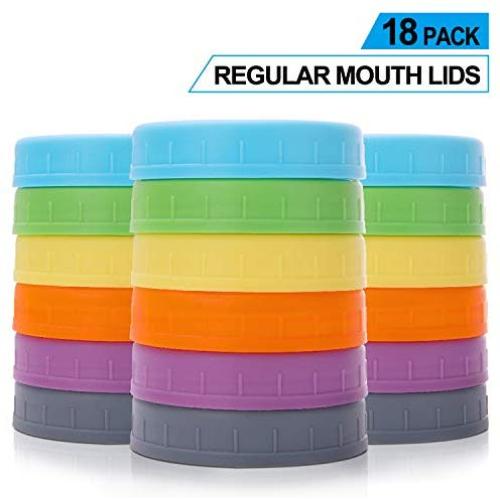 [18 Pack] Capsules Plastique Bouche Standard Mason pour Ball, Kerr et Plus avec Anneaux Silicone – Caps Plastiques Alimentaires Colorés pour Bocal/Conserve – Surface Résistante aux Égratignures