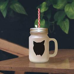 Brown Domestic Longhair Cat Head Silhouette #2 Frosted Glass Mason Jar With Straw