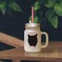 Black Domestic Longhair Cat Head Silhouette #2 Frosted Glass Mason Jar With Straw