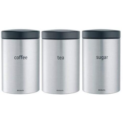 Brabantia Tea, Coffee and Sugar Canisters, Fingerprint Proof, 1.4 L - Matt Steel, 3 Pieces