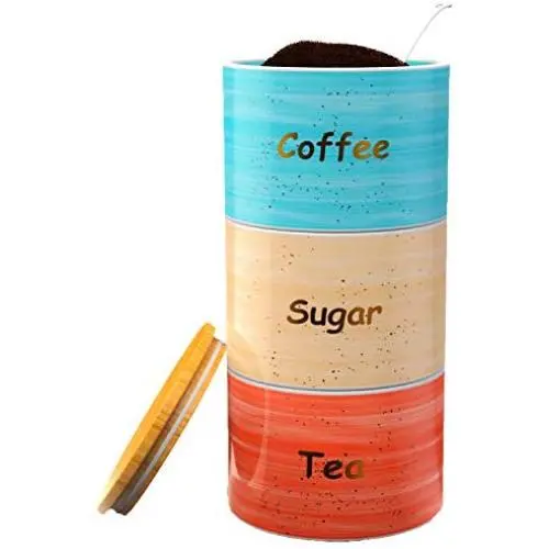 Enjoliveurs de Grande Taille avec Couvercle en Bambou - Jeu de Céramiques pour Cuisine qui S'empilent avec 3 Cuillères Inclus – Enjoliveur de Cuisine Empilable pour Café, Sucre, Thé - 32oz/Enjoliveur