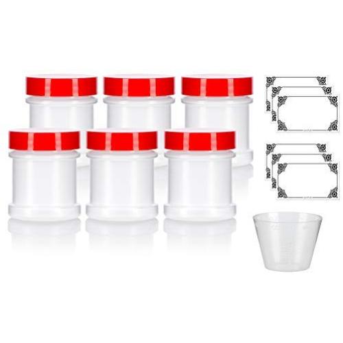Natural Spice Sifter Jar with Airtight Red Lids holds 1 oz / 30 ml / 28 grams each (6 pack) + Labels and Measuring Cup