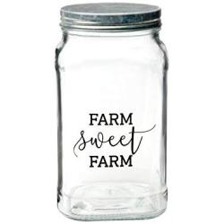 Amici Home, 7CN544R, Farm Sweet Farm Glass Canister, Galvanized Twist Top Lid, Black Decal Lettering on Clear Rectangular Glass, 50 Ounce Capacity