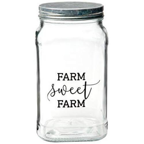 Amici Home, 7CN544R, Farm Sweet Farm Glass Canister, Galvanized Twist Top Lid, Black Decal Lettering on Clear Rectangular Glass, 50 Ounce Capacity