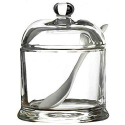 Clear Glass Sugar Bowl Salt Spice Pot Pepper Storage Jar Seasoning Pot Container Condiment Box Holder with Lid and Spoon for Home Kitchen, Round