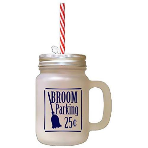 Navy Broom Parking 25 Cents Frosted Glass Mason Jar With Straw
