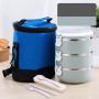 Thermos-Lebensmittekaraffe, Vakuumisoliert, Dicht, Mit Entlüftung, Tragbarer Griff, Isolierung für 1-2 Stunden, mit tragbarer Isolierhülle (Farbe: Blau, Größe: 3 Schichten)
