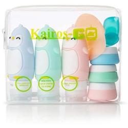 KAIROS-GO 10-In-1 Kids Travel Toiletry Set –TSA Approved Travel Bottles Kit For Children | Adorable Penguin Silicone Squeeze Liquid Bottles & Cream Jars | Clear Leakproof