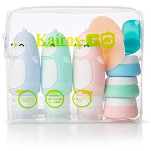 KAIROS-GO 10-In-1 Kids Travel Toiletry Set –TSA Approved Travel Bottles Kit For Children | Adorable Penguin Silicone Squeeze Liquid Bottles & Cream Jars | Clear Leakproof