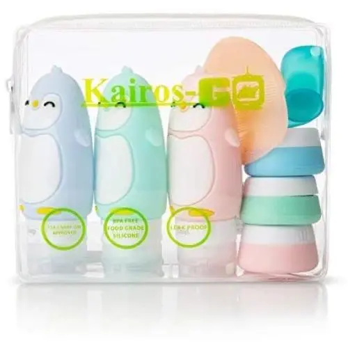 Kits de Toiletter de Voyage pour Enfants KAIROS-GO 10-en-1 – Set d'Embouteillages TSA Approuvés pour Enfants | Petites Bouteilles Squeeze en Silicón avec des Pingouins Adorables et des Pots à Crèmes Étanches | Clairs Kits de Toiletter de Voyage pour Enfants KAIROS-GO 10-en-1 – Set d'Embouteillages TSA Approuvés pour Enfants | Petites Bouteilles Squeeze en Silicón avec des Pingouins Adorables et des Pots à Crèmes Étanches | Clairs
