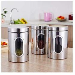 storage jar Grain container Food container Storage Box，Stainless steel transparent sealed cans, miscellaneous grains, tea candy jars, three sets, primary color set, 3