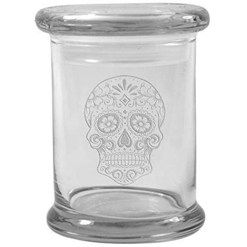 Clear 8 oz Glass Herb Stash Jar and Lid with Sugar Skull Logo from Smoke Promos