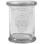 Clear 8 oz Glass Herb Stash Jar and Lid with Sugar Skull Logo from Smoke Promos