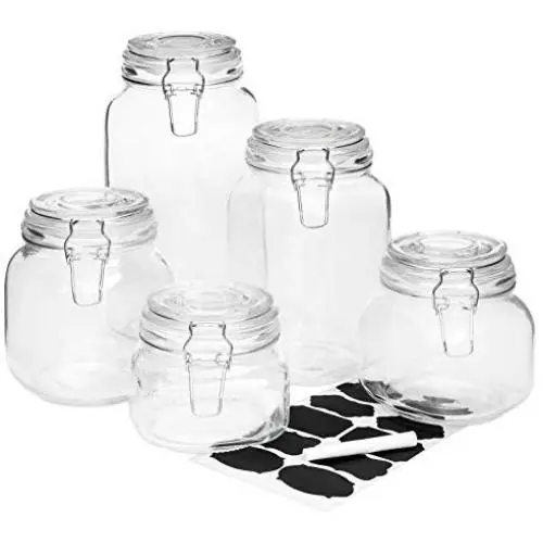 AK Energy 5er Set Klare Clip-Top Luftdichte Glas Mason Gläser 10 Etiketten Chalk Sticker Pasta Trockenlebensmittel