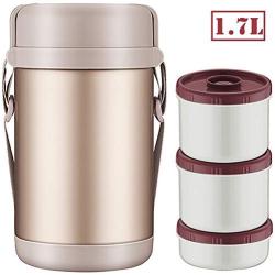 DLWLZ Thermal Lunch Box, Insulated Vacuum Food Flask, Thermal Insulation Lunch Box Stainless Steel Lunch Jar, 3 Separate Storage Containers for Hot and Cold Food, for Kids and Adults,Gold