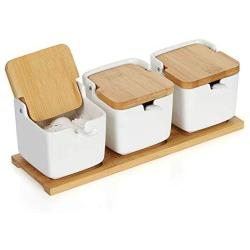 DELIGHTSHOP19 Porcelain Spice Sugar Jar Pepper Salt 3 PACK with Spoon and Lids Ceramic Bowl Spice Storage Kitchen
