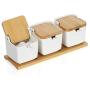 DELIGHTSHOP19 Porcelain Spice Sugar Jar Pepper Salt 3 PACK with Spoon and Lids Ceramic Bowl Spice Storage Kitchen